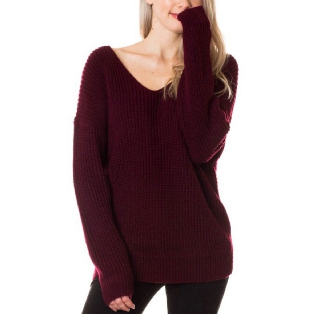 Wine v-neck twist back sweater - Picture 2 of 2